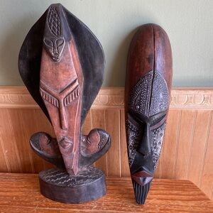 Hand-Carved Brown and Black Tribal Wood Mask Sculpture - Artistic Home Art - 2